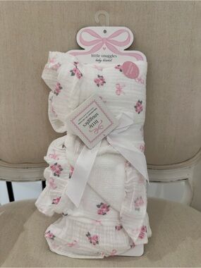 🦢 Little Snuggles Pink Ruffle Floral Ribbon Bow Coquette Baby Blanket NWT